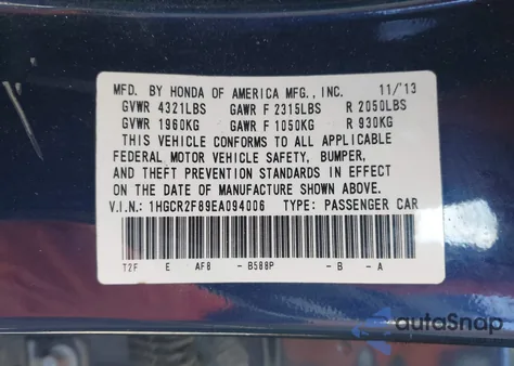 2014 Honda Accord Ex-L из США, поврежденный, VIN 1HGCR2F89EA094006